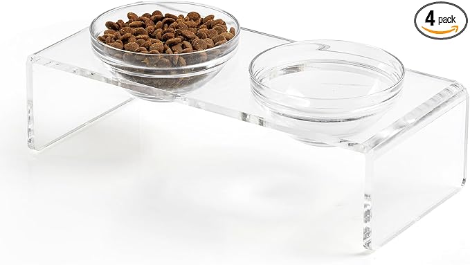 Feoyoho Elevated Acrylic Pet Bowl Stand – Raised Cat & Dog Bowls with 2 Glass & 2 Stainless Steel Bowls, Modern Clear Design, Non-Slip, Easy to Clean, Perfect for Small Pets, 3.75" Tall by Feoyoho
