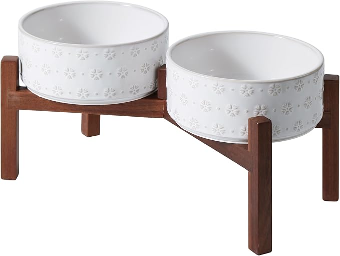 Havniva Elevated Dog Bowls, Ceramic Raised Dog Bowl with Stand | 7.3” Dog Food Bowls Elevated, Dog Food and Water Bowl Set, Non-Slip Acacia Wood Stand, Medium Dogs Bowl, 5 Cups 41 oz by Havniva