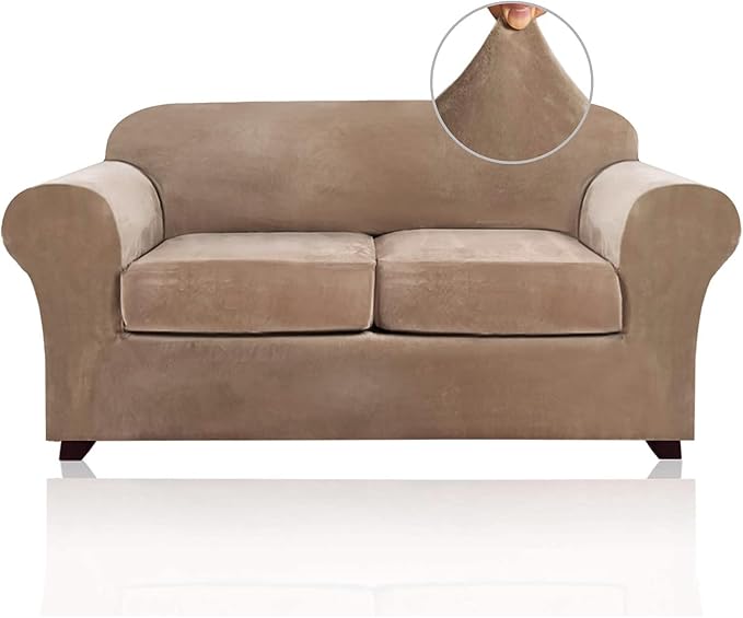 PrinceDeco Velvet Couch Cover Loveseat Covers for 2 Cushion Couch 3 Piece Sofa Covers for Dogs Washable Loveseat Covers Width Up to 72 Inch No Slip Stretch Sofa Slipcover(Medium, Camel) by PrinceDeco