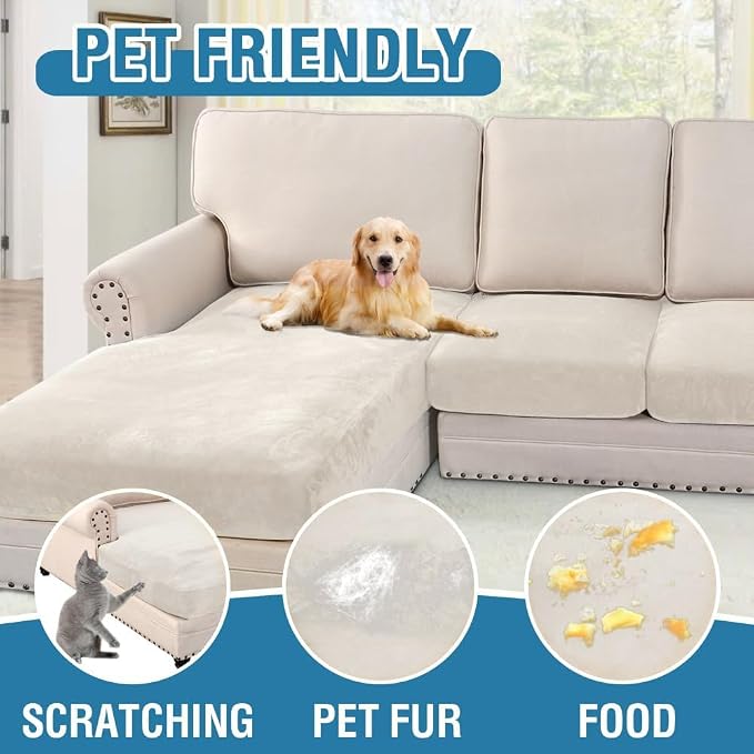 H.VERSAILTEX Velvet Stretch Sectional Couch Covers 4 Pieces Sofa Seat Cushion Covers L Shape Separate Cushion Couch Cover for Left/Right Sectional Couch(Large Sofa 3 Seater + 1 Chaise,Porcelain White) - Image 3