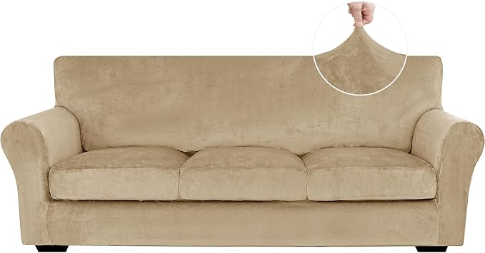 XINEAGE 4-Piece Velvet Sofa Cover,Couch Covers for Dog,Camel | 3 Cushion Sofa,Stretch Non-slip Elastic, Pet-friendly, Washable, Fast Setup, Soft Plush Fabric, Furniture Protector. by XINEAGE