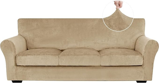 XINEAGE 4-Piece Velvet Sofa Cover,Couch Covers for Dog,Camel | 3 Cushion Sofa,Stretch Non-slip Elastic, Pet-friendly, Washable, Fast Setup, Soft Plush Fabric, Furniture Protector. by XINEAGE