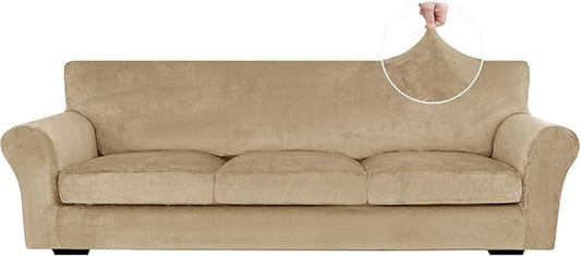 XINEAGE 4-Piece Velvet Oversize Sofa Cover, Couch Covers for Dog,Camel | 3 Cushion Large Sofa,Stretch Non-slip Elastic, Pet-friendly, Washable, Fast Setup, Soft Plush Fabric, Furniture Protector. by XINEAGE