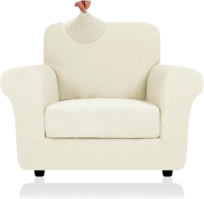 ZNSAYOTX 2 Piece Stretch Chair Covers (31"-46"), Thick Striped Armchair Slipcover with Elastic Band Bottom Ties Non-Slip Stay in Place, Soft Durable Arm Chair Covers for Living Room, Beige by ZNSAYOTX