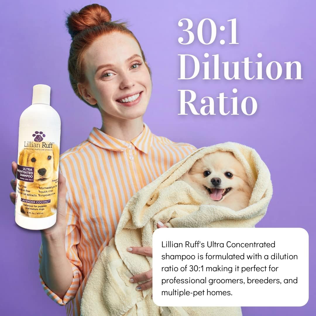 Lillian Ruff High Concentrate Professional Grooming Shampoo for Dogs with Hydrating Essential Oils – 30:1 Concentration for Bathing System - Clean, Condition, & Deodorize Dry, Sensitive Skin (16oz)