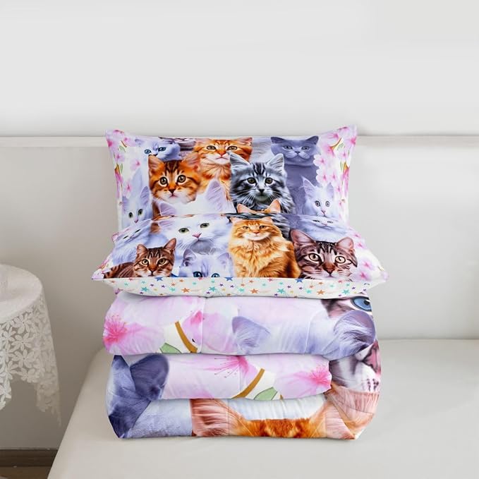 Feelyou Kids Cartoon Toddler Bedding Set Cute Animal Flowers Comforter Set Boys Girls Pink Comforter Cat Decor Quilt Set with 1 Pillowcase 2Pcs Twin Bedding - Image 4