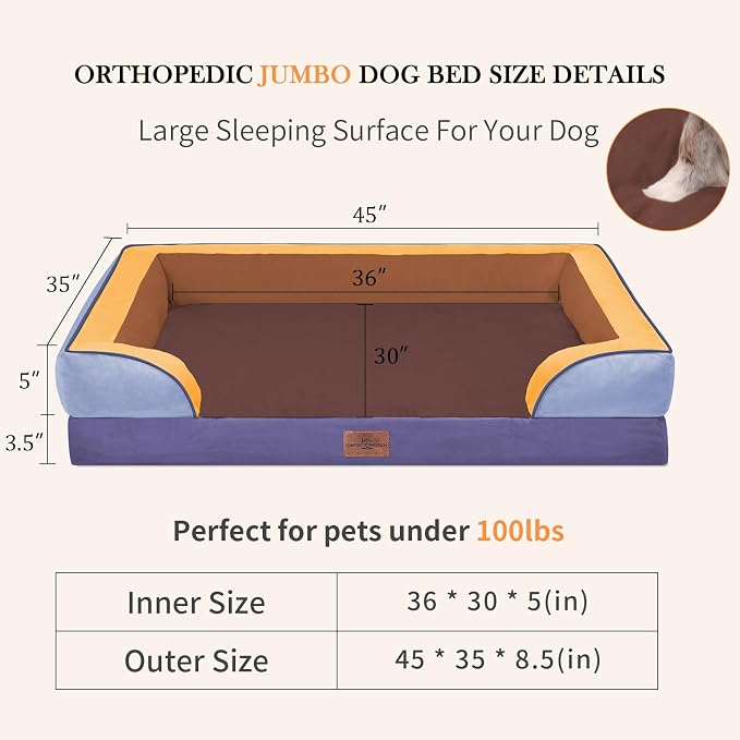 Comfort Expression Orthopedic Dog Bed for Extra Large Dogs with Bolster | Waterproof Dog Couch Bed with Washable Cover & Non-Slip Bottom, Supportive Egg Crate Foam XL Pet Bed, 45x35 Inch - Image 7