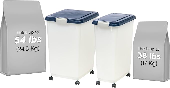 IRIS USA 54 lb + 38 lb Airtight Pet Food Storage Container Combo, Attachable Wheels, for Dog Cat Bird and Other Pet Food Storage Bin, Keep Fresh, Easy Mobility, BPA Free, Navy/Pearl by IRISUSA