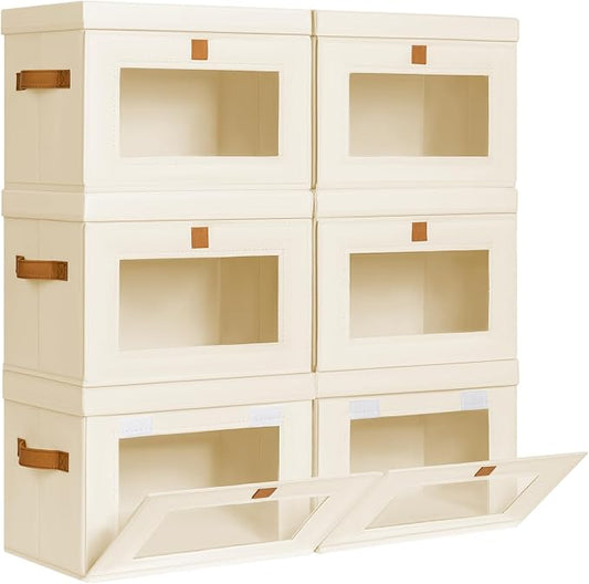 Homsorout Medium Fabric Storage bins - Collapsible Storage Bins with Open Window, 6 Pack Closet Baskets for Shelves, Stackable Decorative Boxes for Home, Dorm, Beige, 13.7"x 9.8" x 9.8" by Homsorout
