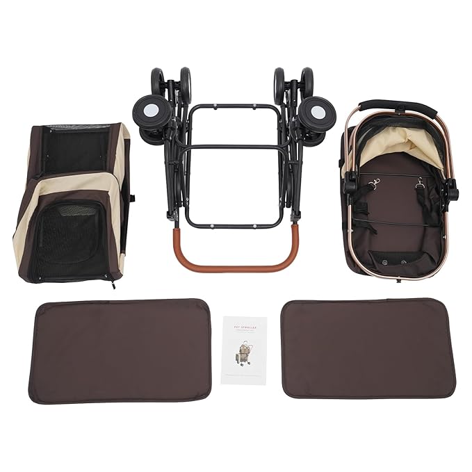 Double Dog Stroller with 4 Wheels, Foldable 3-in-1 Cat Pet Stroller with 2 Detachable Carriers,Reversible Handle, Steel Frame, Safety Belt for Small Medium Dogs Cats(Coffee Color)