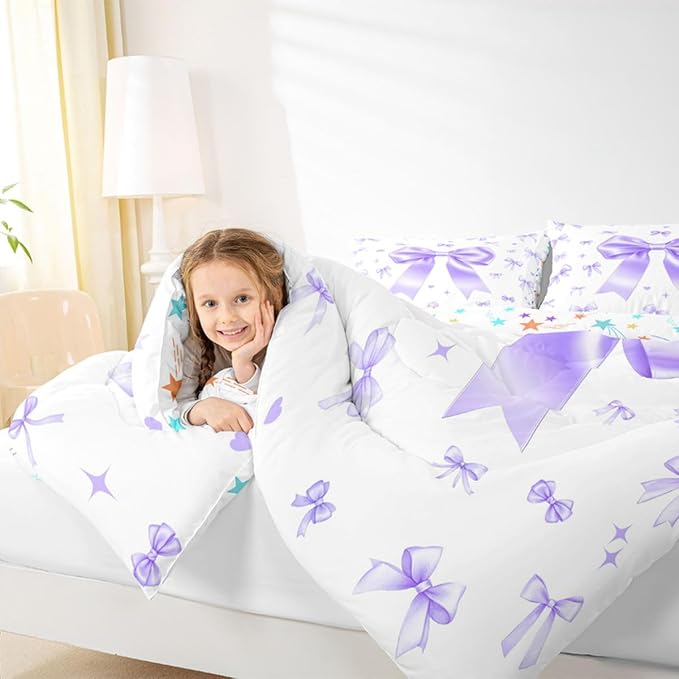 Manfei Purple Bowknot Bedding Set for Boys Girls,Preppy Trendy Kawaii Coquette All Season Cozy Comforter Set with 2 Pillowcases Full,Cute Preppy Ribbon Bow Duvet Set Bedroom Decor,Festival Gifts - Image 4