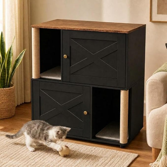 Cat Litter Box Enclosure, Modern Cat Litter Box Furniture Hidden, Wooden Litter Box Cabinet for 2 Cats, Litter Box Enclosure with Cats Scratching Post, Fits Most Litter Boxes，Black by Garvee