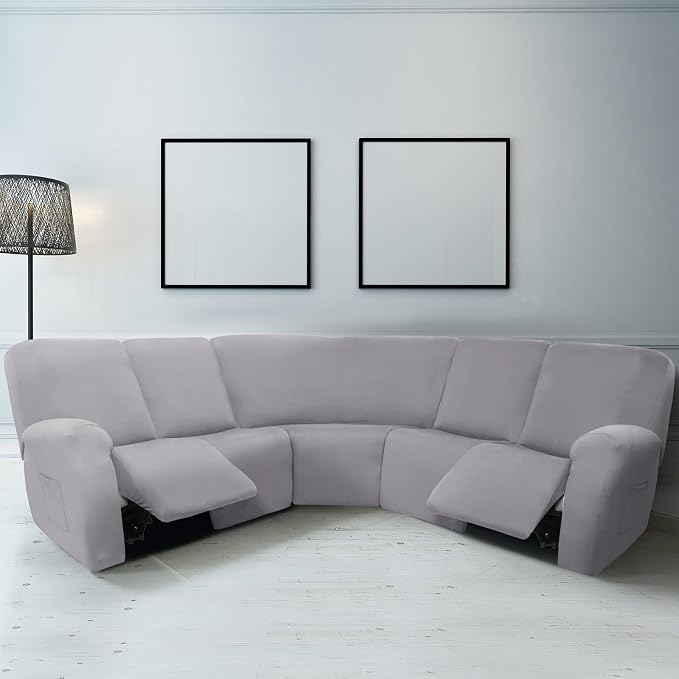 Peryiter 7 Pcs L Shape Sectional Recliner Sofa Covers 5 Seat Sectional Couch Covers Milk Silk Velvet Stretch Reclining Sofa Slipcover Furniture Protector for Living Room(Light Gray,Milk Silk) - Image 2
