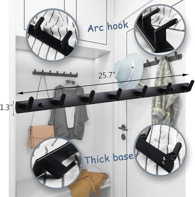 Wall Mounted Coat Rack, 7 Hooks, 25.7"x1.3", Modern, Black, 2 Pcs | Space Aluminum, Rustproof, for Hallway, Entryway, Hanging Holder for Clothes, Towel, Backpack, 40 lbs Capacity, Easy Install - Image 5