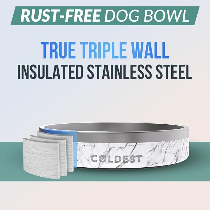 Coldest Dog Bowl - Anti Rust Metal, Non Slip, 3 Layers Insulated Stainless Steel Dog Bowls - Spill Proof & Heavy Duty - Water Bowl for Dogs, Cats & Pets, Dish Washer Safe (21 oz, Carrara Marble) - Image 3