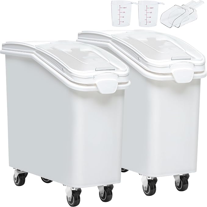 YITAHOME 21-Gallon Food Storage Container Bulk Flour Bin, Large Ingredient Storage Bin with Wheels, Measuring Cup & Scoop, for Kitchen/Dining Room, Commercial Rice Container, 2 count,White by YITAHOME