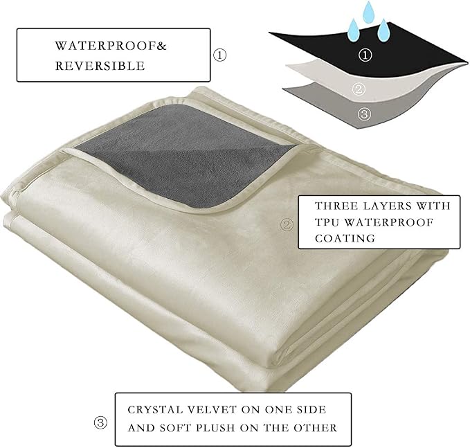 Ameritex Pet Bed Blanket Reversible 100% Waterproof Velvet Super Soft for Sofa and Bed (68x82 Inches, Cream+Grey) - Image 2