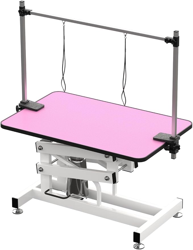 Hydraulic Dog Pet Grooming Table, 42 Inch Heavy Duty Professional Pet Grooming Station 21'' -36'' Height Adjustable for Large Dog at Home with Adjustable Overhead Arm, Clamp and Grooming Noose, Pink by Afqxf