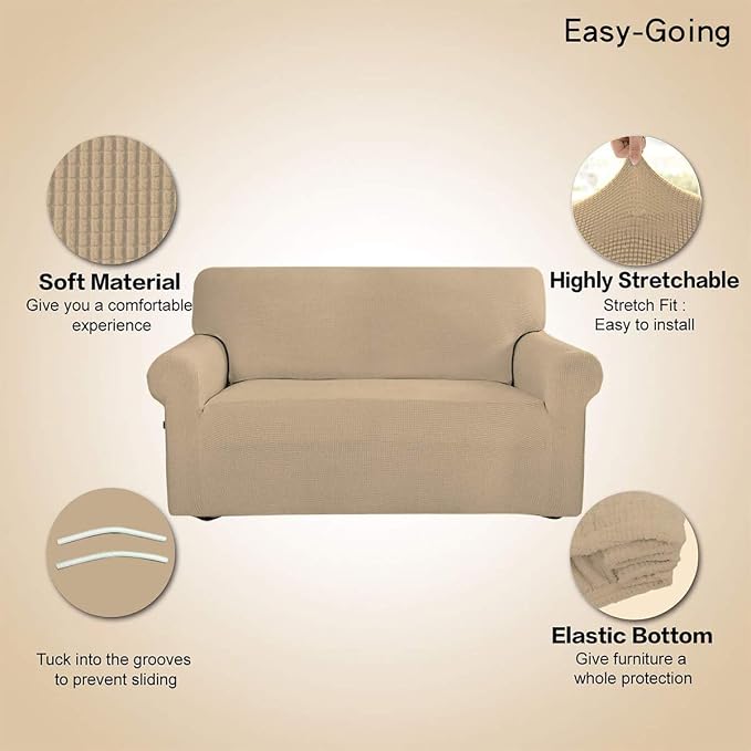 Easy-Going Stretch Loveseat Couch Covers Washable Sand | 1-Piece Loveseat Covers for 2 Cushion Couch Furniture Protector RV Sofa Slipcover Soft with Bottom for Kids Pets - Image 3