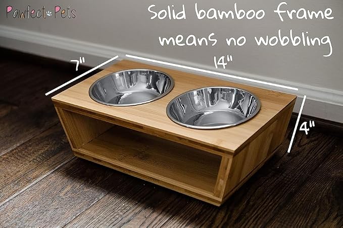4" Tall Elevated Dog Bowls for Small Dogs, Food and Water Bowl Set by Pawfect Pets (Natural Bamboo) - Image 2