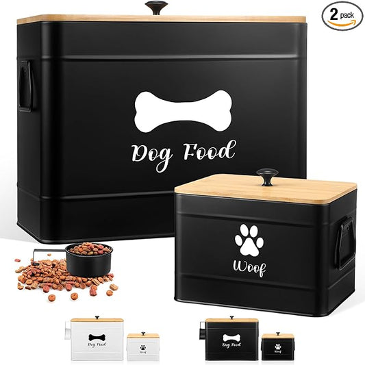 Newtay 2Pcs Extra Large Metal Dog Food Containers Airtight 12 & 3.5 Lbs Dog Treat Snack Jars Set of 2 with Bamboo Lids and Spoons Farmhouse Big Pet Cookie Storage Jars for Kitchen Counter Gift(Black) by Newtay