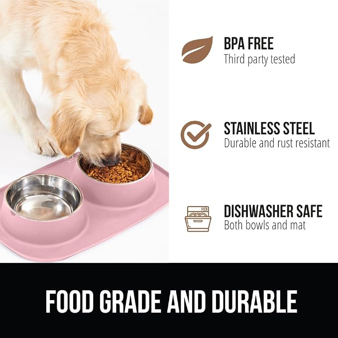 GORILLA GRIP Dog Bowl Set with Slip Resistant Silicone Feeding Mat, Food Grade 304 Stainless Steel Bowls, BPA Free, High Edge Spill Containment, Dishwasher Safe, Finger Notch Removal, 1 Cup, Pink - Image 5