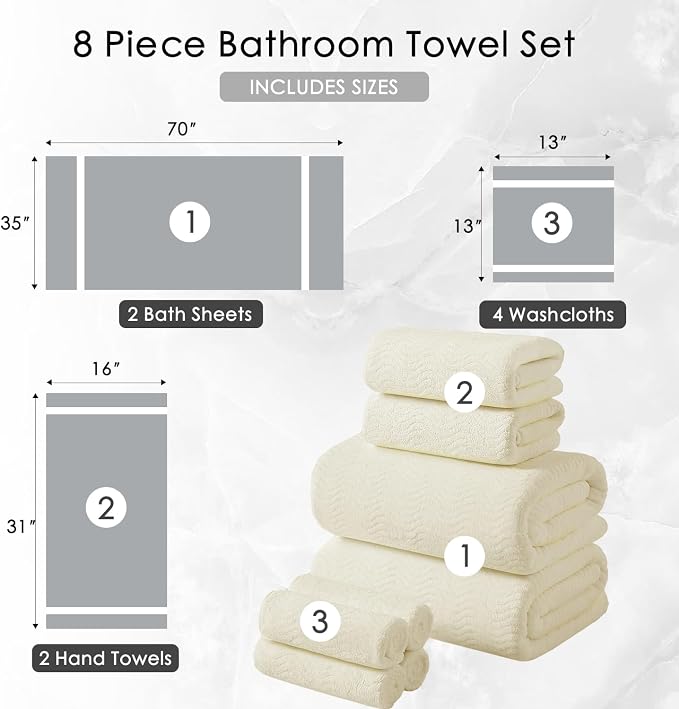 8 Piece Bath Towel Set |2 Oversized Large Bath Sheet,2 Hand Towels,4 Washcloths| Ultra Soft Cozy Bath Towel Set for Bathroom Hotel Gym Spa,Highly Absorbent Quick Dry Bathroom Towel Collections,Cream - Image 4