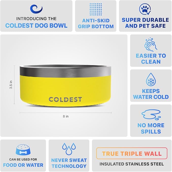 Coldest Dog Bowl - Anti Rust Metal, Non Slip, 3 Layers Insulated Stainless Steel Dog Bowls - Spill Proof & Heavy Duty - Water Bowl for Dogs, Cats & Pets, Dish Washer Safe (64 oz, Solar Yellow) - Image 5