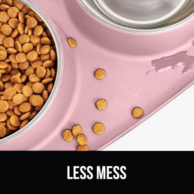 GORILLA GRIP Dog Bowl Set with Slip Resistant Silicone Feeding Mat, Food Grade 304 Stainless Steel Bowls, BPA Free, High Edge Spill Containment, Dishwasher Safe, Finger Notch Removal, 2 Cup, Pink - Image 6