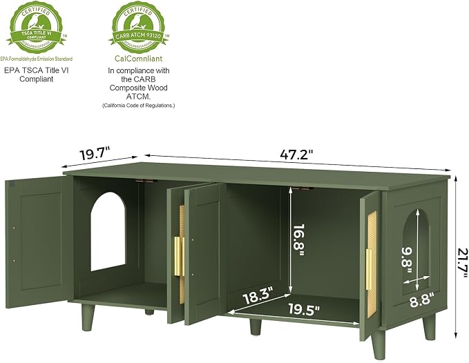Homhedy Boho Cat Litter Box Enclosure for 2 Cats, Green and Natural | Hidden Litter Box Furniture with Double Rattan Decorated Doors, Cat Washroom, Cat House, Dog-Proof, TV Stand - Image 3