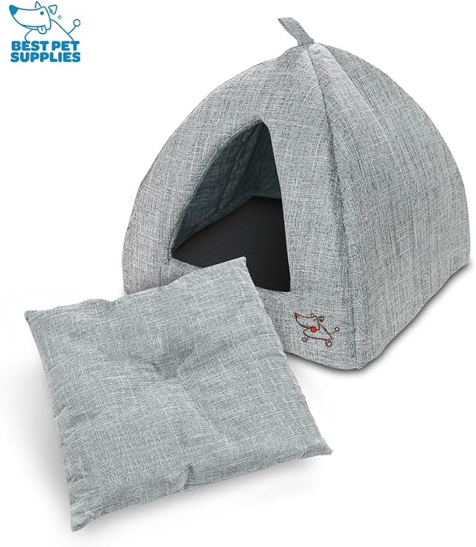 Best Pet Supplies Cat Bed for Indoor Cat, Domed Tent House with Removable Pillow, Covered Cat Cave for Small Dog, Puppies and All Breeds of Cats - Gray Linen, 19 x 19 x H:19" - Image 2