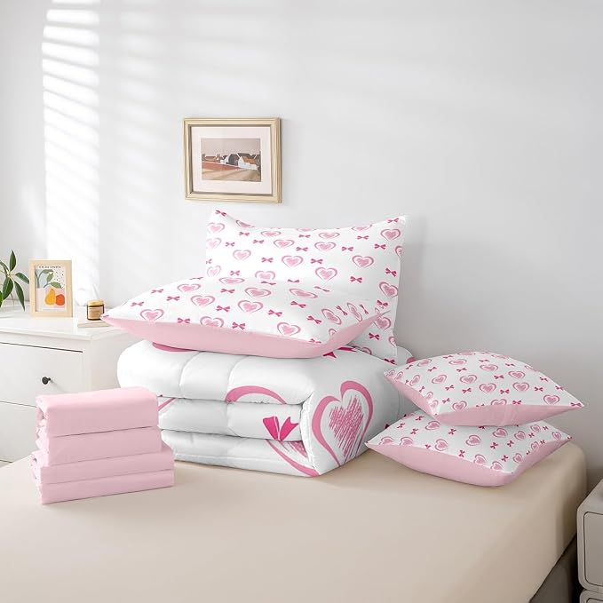 Erosebridal 7 Piece Heart Pattern King Bedding Set,Kawaii Pink Bowknot Kids Comforter Set for Girls Boys,Valentine Bow Love Heart Shaped Sheet Set,Dreamy Princess Style Reversible Bed in a Bag - Image 6