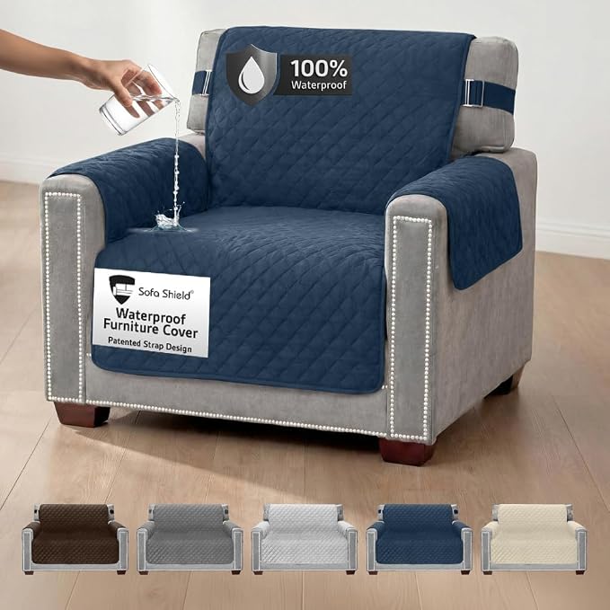Sofa Shield 100% Waterproof Couch Cover with Patented Straps, Slip & Stain Resistant Furniture Protector, Machine Washable Sofa Slipcover for Dogs Cats Pets Kids, 23 inch Seat, Armchair, Navy Blue by SofaShield