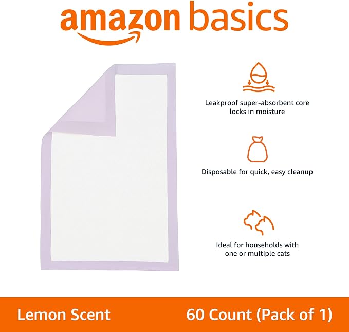 Amazon Basics Cat Pee Pads, Odor Control, Super Absorbent, Disposable, Universal Fit for Litter Box, Lemon Scent, White/Purple, 60 Count - Image 2