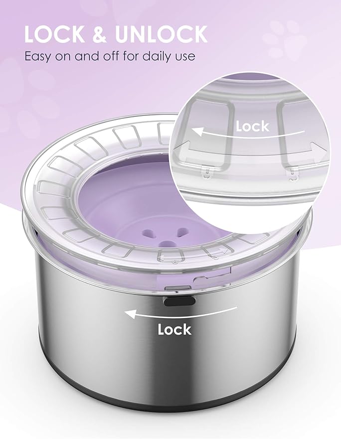 Heouvo 1 Gallon No Spill Dog Water Bowl with Slow Drinking Disk(Purple) | Splash-Proof Lid + Stainless Steel Bowl/Rubber Bottom/Slobber Stopper Water Bowl for Large Sloppy Messy Drinkers Reduce Mess - Image 6