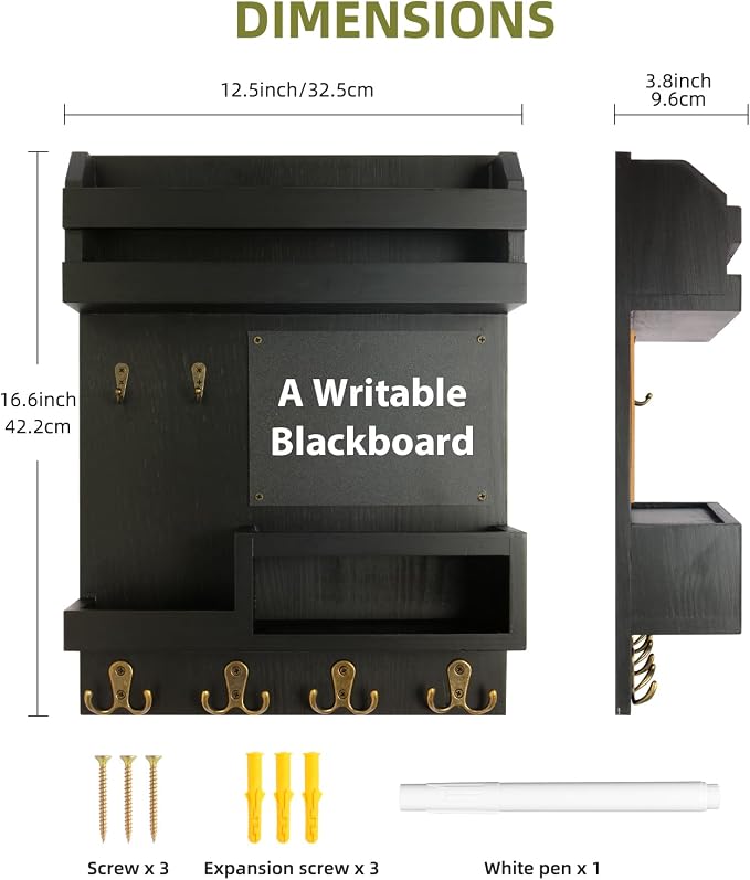 Large Key and Mail Holder Wall Mount, 12.5x16.5 Inch Solid Wood Key Racks for Entryway, Front Door, Hallway, Wall Organizer (Matte Black) - Image 2