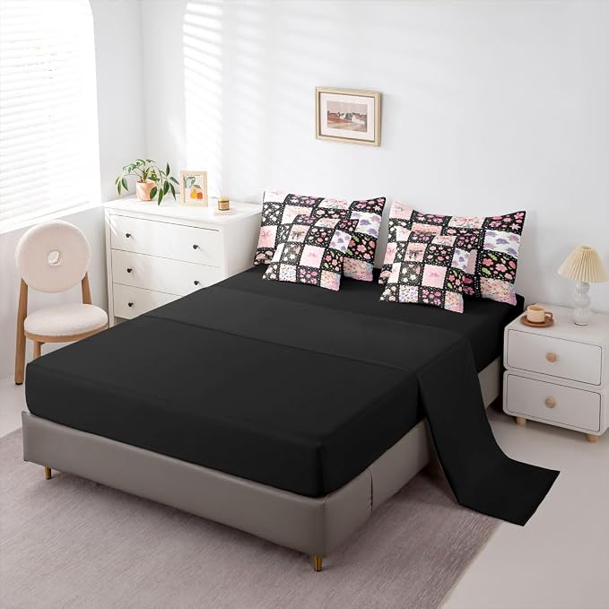 Feelyou Cute Flower 7 Piece Bedding Set Cute Bow Comforter Set with Sheets for Kids Boys Girls Black Pink Theme Bed in a Bag Sweet Princess Theme Bed Set Soft Lightweight - Image 3