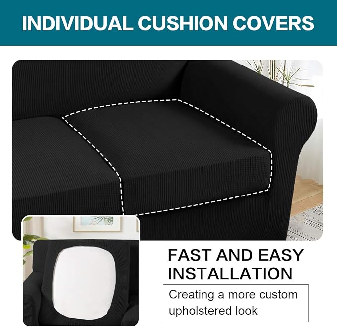 Turquoize 3 Piece Sofa Covers for 2 Cushion Couch Sofa Slipcover Soft Couch Cover for Dogs-Washable Sofa Furniture Covers with 2 Individual Cushion Covers, Feature Jacquard Fabric (Loveseat, Black) - Image 5