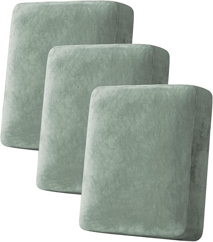 H.VERSAILTEX Velvet Stretch Couch Cushion Cover Plush Cushion Slipcover for Chair Loveseat Sofa Cushion Furniture Protector Seat Cushion Sofa Cover (3 Piece Sofa Cushion Covers, Sea Grass) by HVERSAILTEX