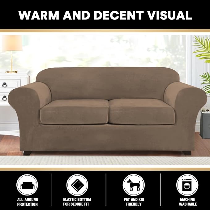 PrinceDeco Couch Cover Velvet Plush Sofa Covers for 2 Cushion Couch Width Up to 90 Inch Washable Furniture Protector Pet Friendly No Slip Sofa Slipcover(Medium-Large, Mocha) - Image 4