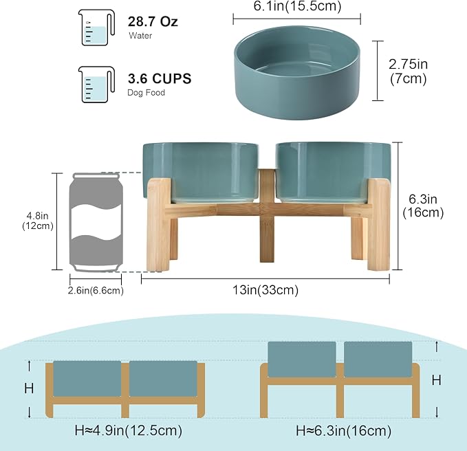 SPUNKYJUNKY Elevated Dog Bowls Ceramic, 6.1'' Dogs and Cat Food Water Bowls Raised with Non-Slip Bamboo Stand for Medium Sized Breed Microwave Dishwasher Safe - 28.7 OZ,Dark Green - Image 2
