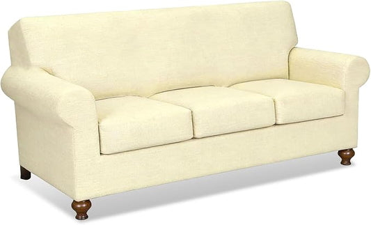 URBANLIFE 4-Piece Stretch Sofa Covers for 3 Cushion Couch, Cream | Super fitted spandex slipcovers for couches. Non-slip elastic bottom. Machine washable furniture protector for kids & pets. by URBANLIFE