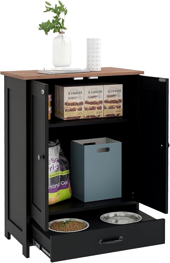 PawHut Pet Feeding Station Elevated Dog Bowls for Medium Sized Breed Black | Dog Food Storage Cabinet, Hidden Bowls, Adjustable Panel, Hooks by PawHut