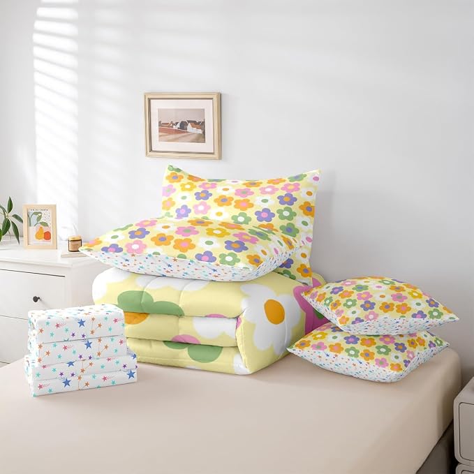 Feelyou Cute Flower 7 Piece Bedding Set Colorful Floral Comforter Set with Sheets for Kids Boys Girls Kawaii Theme Bed in a Bag Yellow Bed Set Soft Lightweight - Image 5