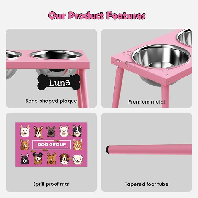ADENGL Raised Dog Bowl Stand for Large Medium Dogs, Elevated Dog Bowls with Sprill Proof Mat &Two 58OZ Stainless Steel Bowls,Pink - Image 4