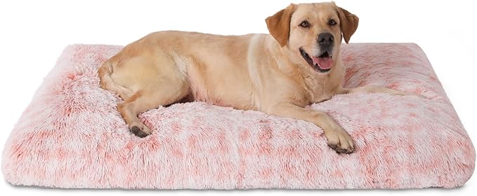 Bedfolks Waterproof Crate Bed, Plush Dog Kennel Pad with Removable Washable Cover, Faux Fur, Fluffy 47"x29", Pink by Bedfolks