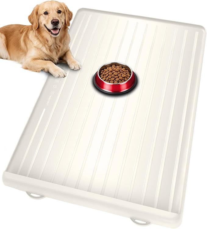 Dog mat for Food and Water - 39.4" x 27" Thickened Large Cat Food Mat | Waterproof Pet Bowl Mat with Residue Collection Pocket and High Edges to Prevent Water and Food Spills - Cream by Yessotech
