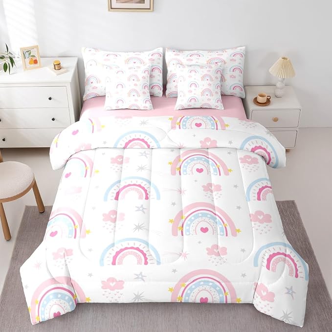 Feelyou Cute Rainbow 7 Piece Bedding Set Pink Blue Comforter Set with Sheets for Kids Boys Girls Star Print Bed in a Bag Cartoon Cute Bed Set Soft Lightweight by Feelyou