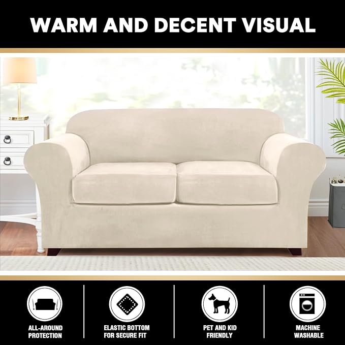 PrinceDeco Velvet Couch Cover Loveseat Covers for 2 Cushion Couch 3 Piece Sofa Covers for Dogs Washable Loveseat Covers Width Up to 72 Inch No Slip Stretch Sofa Slipcover(Medium, Ivory) - Image 7