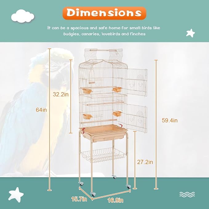 BestPet 64 inch Wrought Iron Bird Cage for Parakeets Medium Small Parrots Parakeet Cage with Detachable Rolling Stand & Play Open Top for Cockatiels Lovebird Finches Canaries (Almond) - Image 8